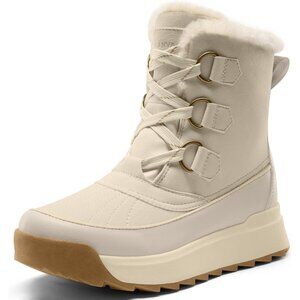 Women Beige Faux Fur Collar Ankle Booties with Microfleece Lining Anti-Slip Sole